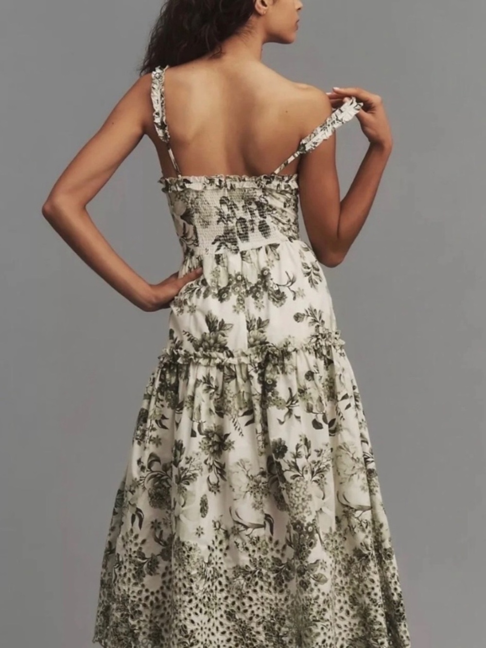 Anthropologie sweetheart neck green and cream floral ruffled midi dress - Picture 2 of 15